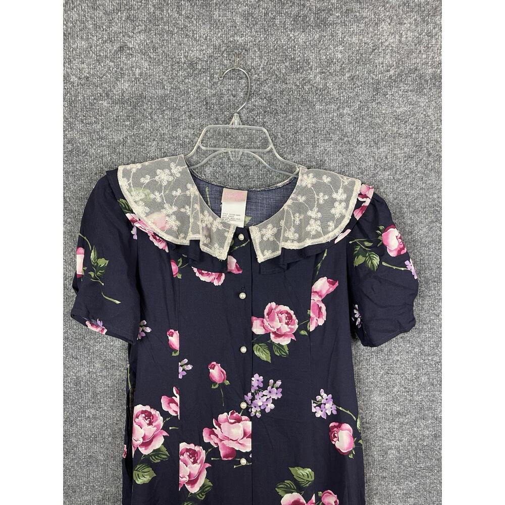 Vtg 80s 90s Blue Floral Shirt Dress Lace Sz 14 Cottagecore Grandma Romantic - Picture 2 of 14